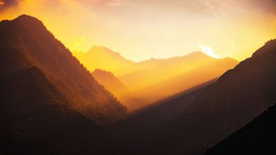 Valley, Golden hour, Sunlight, Mountains, Landscape, Italy, Morning light, 5K