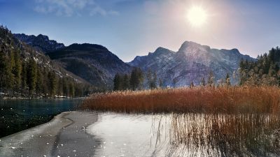 Sunny day, Mountains, Landscape, Tranquility, Sunlight, Lake