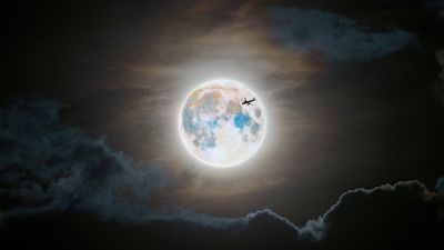 Full moon, Flight, Silhouette, Clouds