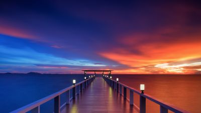 Wooden pier, 5K, Bridge, Sunset, Horizon, Resort, Dawn, Vacation, Holidays, Phuket, Thailand