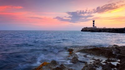 Colonia Sant Jodi, Sunset, Rocky shore, Lighthouse, Mallorca Island, Spain, Ocean