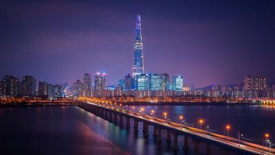 Lotte Tower, Seoul, Cityscape, Bridge, Night, City lights, South Korea, Aesthetic, 5K