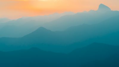 Brazil, Mountains, Foggy, Mist, Sunrise, Turquoise, Yellow sky, Landscape, Scenery, Mountain range, 5K