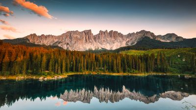 Karersee Lake, Sunset, 5K, Dolomites, Lago di Carezza, Alpine lake, Peaceful, Italy