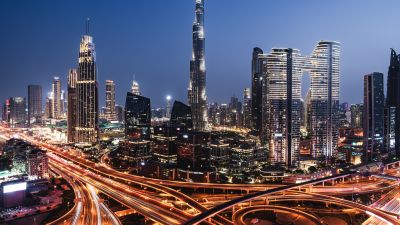 Downtown Dubai, Night lights, Burj Khalifa, Skyscrapers, Cityscape, City lights, Sheikh Zayed Road, Intersection