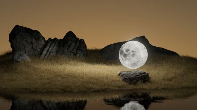 Full moon, Landscape, Rocks, Body of Water, Reflection, Surreal, Brown aesthetic