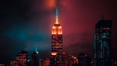 Empire State Building, Manhattan, New York City, Skyscraper, Night, Cityscape, City lights, Urban, Colorful, 5K