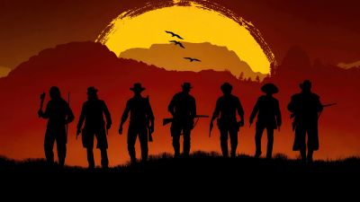 Red Dead Redemption 2, Gang, Silhouette, Sunset, Cowboys, Western