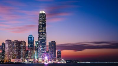 Hong Kong City, Sunset, IFC mall, Dusk, Skyline, Skyscrapers, Victoria Harbour, Blue hour, City lights, Cityscape