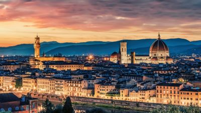 Florence Cathedral, Italy, Sunset, Night lights, Cityscape, Church, Historical landmark