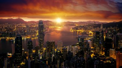 Hong Kong, Sunrise, Cityscape, City lights, Skyline, 5K