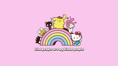 Sanrio, BFF, Hello Kitty, My Melody, Keroppi, Pompompurin, Pochacco, Pink background, Hello kitty quotes, Best friends, Rainbow