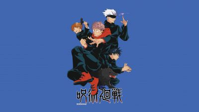 Jujutsu Kaisen, Characters, Satoru Gojo, Yuji Itadori, Megumi Fushiguro, 5K, 8K, Blue background