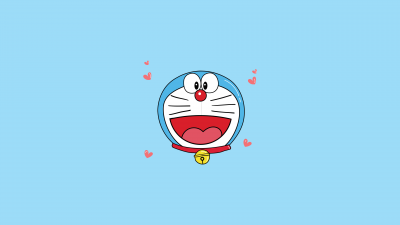 Doraemon, Minimalist, Cartoon, Illustration, Cute anime, Adorable, Blue background, Red hearts