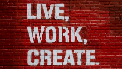 Live, Work, Create, Brick wall, Red, Motivational, Inspirational quotes