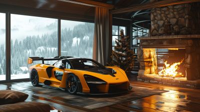 McLaren Senna, Cozy, Aesthetic interior, Winter, 5K, Fireplace, Christmas tree