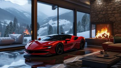 Ferrari SF90 Stradale, Cozy, Aesthetic interior, Winter, 5K, Fireplace