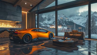 Lamborghini Huracan, Aesthetic interior, Cozy, Winter, 5K, Fireplace