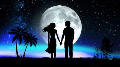 Love couple, Hands together, Dreamlike, Silhouette, Moon, Surrealism, Dark theme, Starry sky, 5K