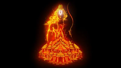 Ayodhya Ram Mandir, Glowing, Lord Rama, Hinduism, Hindu God, Black background, 5K, 8K, AMOLED, Jai Shri Ram, Digital Art