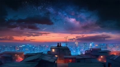 Dogs, Surrealism, Starry sky, Cityscape, Night City, Rooftop, Urban, Romantic, Dreamy, 5K