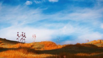 Grass field, Serene, Landscape, Blue Sky, 5K, Clouds