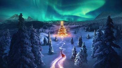 Christmas tree, Aurora sky, Snowy Trees, Aesthetic Christmas, Santa Claus chariot, Photorealistic, Winter Road