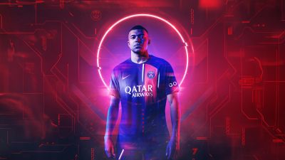 Kylian Mbappé, Neon background, Red aesthetic, French Footballer, Paris Saint-Germain, Dark red