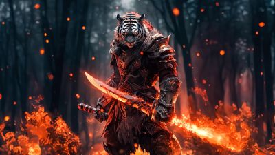 Tiger, Warrior, Fire, Rage, AI art