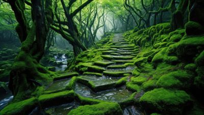 Thick forest, Green aesthetic, Path, Sunlight, Moss, 5K