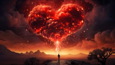 Love heart, Surreal, Explosion, Dreamlike, Silhouette, 5K