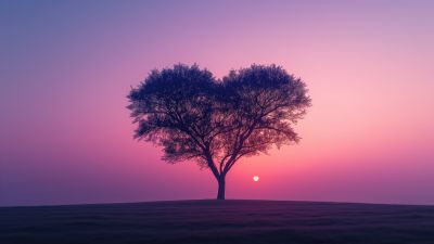 Love heart, Tree, Sunset, Aesthetic, Landscape, Pink sky