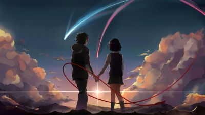 Your Name, Comet Tiamat, Artwork, Taki Tachibana, Mitsuha Miyamizu, Lofi, Kimi no Na wa, 5K, Love couple, Anime couple, Shooting stars