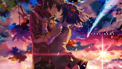 Your Name, Anime couple, Mitsuha Miyamizu, Taki Tachibana, Kimi no Na wa, 5K, Love couple, Comet Tiamat, Celestial, Shooting stars