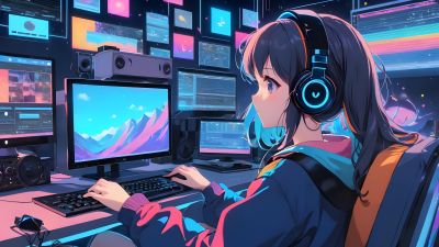 Anime girl, Working, Lofi girl, 5K, AI art, Headphones