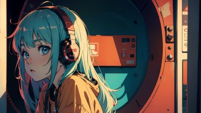 Anime girl, Lofi, Listening music, Headphones