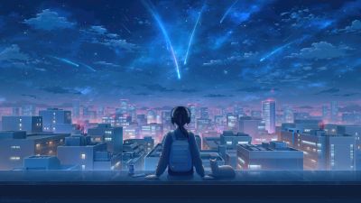 Your Name, Anime girl, Mitsuha Miyamizu, Lofi, Kimi no Na wa, Comet Tiamat, Celestial, Shooting stars