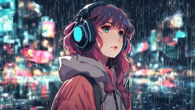 Lofi girl, AI art, Listening music, Headphones, 5K, Raining