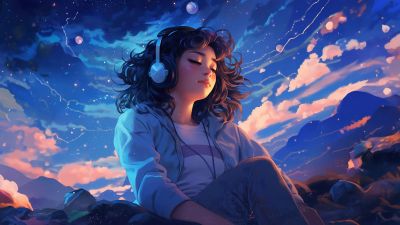 Lofi girl, Surreal, Dreamy, Listening music, 5K, Headphones