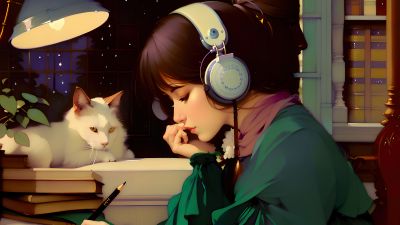 Lofi girl, Headphones, Listening music, Cat, Alone, 5K, Cozy