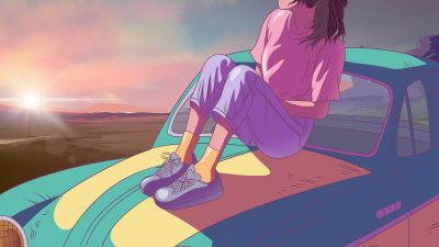 Lofi girl, Sunset, 5K, Cozy, Aesthetic