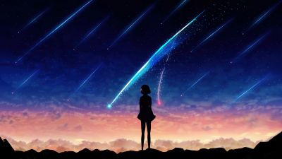 Mitsuha Miyamizu, Silhouette, Lofi, Your Name, Kimi no Na wa, 5K, Comet Tiamat, Celestial, Shooting stars