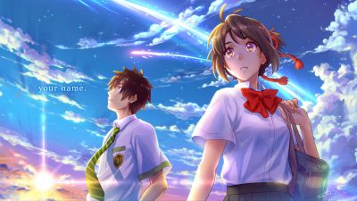 Kimi no Na wa, 5K, Taki Tachibana, Mitsuha Miyamizu, Your Name, Anime couple, Comet Tiamat, Celestial, Shooting stars