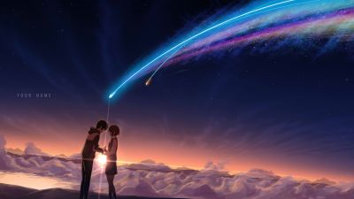 Your Name, 8K, Lofi, Love couple, Kimi no Na wa, Mitsuha Miyamizu, Taki Tachibana, 5K, Anime couple, Comet Tiamat, Celestial, Shooting stars