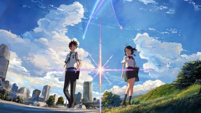 Your Name, 5K, Mitsuha Miyamizu, Taki Tachibana, Kimi no Na wa, Love couple, Anime couple, Comet Tiamat, Celestial, Shooting stars