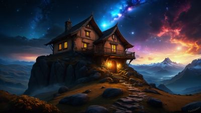 Wooden House, Mountain Peak, Surreal, Dreamlike