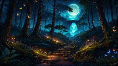 Magical forest, Night, Butterflies, Moon, Glowing, Tall Trees, Stones, Pathway, AI art