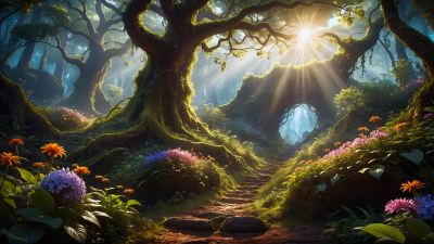 Mystical Forest, Path, Sunlight, AI art, Surrealism