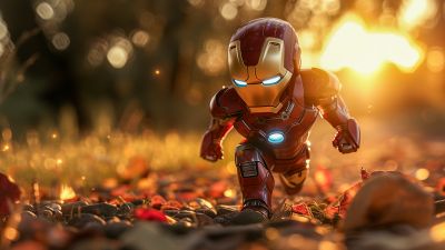 Iron Man, Chibi, AI art, Bokeh Background, Autumn background