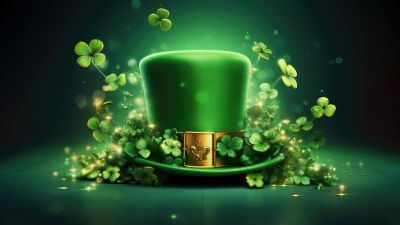 Irish, Leprechaun cap, St. Patrick's Day, Illustration, Shamrock, Clover, Green leaves, Green aesthetic, AI art, 5K